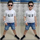 MODAVALS KAPİŞONLU SWEAT BİLEKLİK ZİNCİR AKSESUARLI 4 PARÇA ERKEK ÇOCUK KOT ŞORT KOMBİN - BEYAZ 