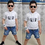 MODAVALS KAPİŞONLU SWEAT BİLEKLİK ZİNCİR AKSESUARLI 4 PARÇA ERKEK ÇOCUK KOT ŞORT KOMBİN - BEYAZ 