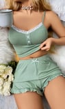 Kadın Yeşil Dantel Detaylı Şortlu Gecelik Pijama Takımı