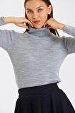 Kadın Boğazlı Balıkçı Yaka Fitilli Yünlü Triko Kazak Gri Melanj