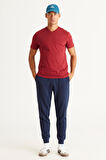 Erkek Bordo Slim Fit Dar Kesim %100 Pamuk V Yaka Kısa Kollu Tişört