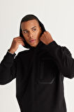 Erkek Siyah Standart Fit Normal Kesim Kapüşonlu Pamuklu Sweatshirt