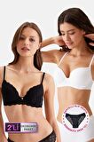 2'li Ekonomik Paket Siyah-beyaz 6329-3 Lyon Balenli Double Push Up Micro Sütyen Set (slip Hediyeli)