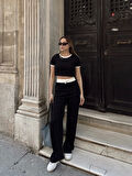 Crop pantolon biyeli takım siyah
