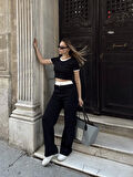 Crop pantolon biyeli takım siyah