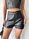 Tokalı deri şort siyah s24444