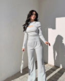 Pencereli detaylı alt üst takım gri w3864