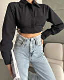 Yanı kemer detaylı crop gömlek siyah s4009