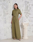 Kuşaklı gömlek yaka salaş tulum haki s255822