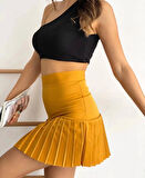 Altı pliseli mini etek hardal s24705