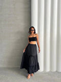 Fırfırlı brodeli astarlı uzun etek siyah s255047