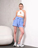 Kuşaklı keten şort mavi s255265