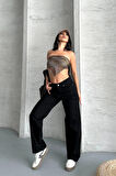 Palazzo straight enzim süper taş yıkama jeans pantolon siyah d2008