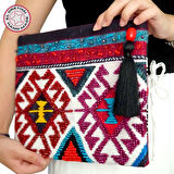 Uretti - Sümeyya 2589 9816 El Yapımı Etnik Kilim Desen Bordo Boncuk İşlemeli Siyah Püsküllü Clutch Çanta
