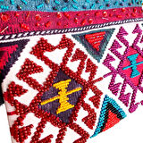 Uretti - Sümeyya 2589 9816 El Yapımı Etnik Kilim Desen Bordo Boncuk İşlemeli Siyah Püsküllü Clutch Çanta