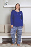 Kadın Etnik Desen 3 Düğmeli Likralı Viskon Mevsimlik Uzun Kol Pijama Takımı