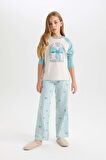 DeFacto Kız Çocuk Pijama Takımı Bisiklet Yaka Baskılı Uzun Kollu Üst Çizgili Uzun Alt D6059A824AUGN1209