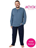 Erkek Füme Lacivert Büyük Beden 3 Düğmeli %100 Pamuk Mevsimlik Uzun Kol Cepli Pijama Takımı