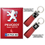 Plakanıza Özel Peugeot Logolu Kırmızı Ruhsat Kabı ve Anahtarlık