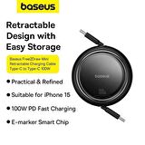 Baseus 100W Süper Hızlı 1 Metre Makaralı Uzayabilen Type C To Type C Şarj ve Data Kablosu, Geri Çekilebilen Karışmaz