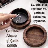 Polham Paslanmaz Çelik Yuvarlak Ultra Şık Küllük, Kapaklı Ceviz Ağacı Paslanmaz Çelik Kül Tablası Gold