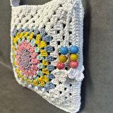 Uretti - Emine 9106 El Örgüsü Ahşap Boncuk Detaylı Mandala Model Omuz Çantası