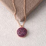 Kırmızı Taşlı Rose Altın Kaplama 10.8 mm Yuvarlak Gümüş Kolye