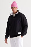 Erkek Siyah Loose Fit Bato Yaka Içi Polarlı 3 Iplik Baskılı Sweatshirt