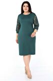 Yeşil Flok Kol Büyük Beden Elbise 5F-1047