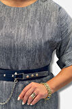 Denim Kumaş Yanları Yırtmaç Detaylı Kemer Aksesuarlı Elbise (Büyük Beden)