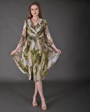 Modatalika Kadın Midi Boy Şifon Desenli Truvakar Kol Yeni Sezon Elbise