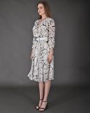 Modatalika Kadın Midi Boy Desenli Truvakar Kol Kemer Detaylı Yeni Sezon Elbise