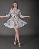 Modatalika Kadın Yeni Sezon Mini Boy Desenli Truvakar Kol Kemer Detaylı Mini Elbise