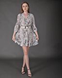 Modatalika Kadın Yeni Sezon Mini Boy Desenli Truvakar Kol Kemer Detaylı Mini Elbise