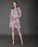 Modatalika Kadın Yeni Sezon Mini Boy Desenli Truvakar Kol Kemer Detaylı Mini Elbise