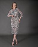 Modatalika Kadın Yeni Sezon Midi Boy Dijital Desenli Truvakar Kol Kemer Detaylı Elbise