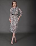 Modatalika Kadın Yeni Sezon Midi Boy Dijital Desenli Truvakar Kol Kemer Detaylı Elbise