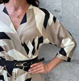 Trend Kadın Geometrik Desenli Bej Midi Boy Elbise