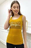 Kadın Slim Fit Beautiful Yazılı Crystal Taşlı Şık Kadın Atlet Kolsuz Tshirt
