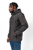 Erkek Kapüşonlu Su Ve Rüzgar Geçirmez Kapitone İçi Kürklü Elyaf Dolgulu Şişme Antrasit Softshell Mont