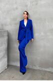 Koyu Mavi Kuşaklı Ceket Pantolon Takım