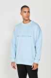 Erkek Mavi Oversize Bol Kesim Içi Polarlı 3 Iplik Bisiklet Yaka Pamuklu Sweatshirt