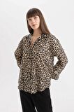 DeFacto Oversize Geniş Kalıp Uzun Kollu Leopar Desenli Vual Gömlek D2564AX24SMBG234