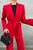 Kadın Ikili Kuşaklı Blazer Ceket Pantolon Takım