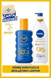 Nivea Sun Güneş Koruyucu Vücut Spreyi 200ml Spf50 Ve Q10 Sıkılaştırıcı Vücut Losyonu 400ml, Çanta Hediye