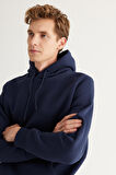 Erkek Lacivert Standart Fit Normal Kesim Içi Polarlı 3 Iplik Kapüşonlu Pamuklu Sweatshirt