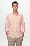 Slim Fit Pembe Düğmeli Yaka %100 Pamuk Yazlık Flamlı Keten Görünümlü Gömlek 6HC02ORT63265