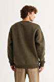 Erkek Haki Oversize Fit Bol Kesim Pamuklu Içi Polarlı 3 Iplik Bisiklet Yaka Sweatshirt