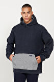 Erkek Indigo Melanj Oversize Bol Kesim Içi Polarlı 3 Iplik Kapüşonlu Sweatshirt