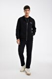 DeFacto Siyah Relax Fit Kapüşonlu Waffle Baskılı Cepli Fermuarlı Sweatshirt D2629AX24AUBK81
